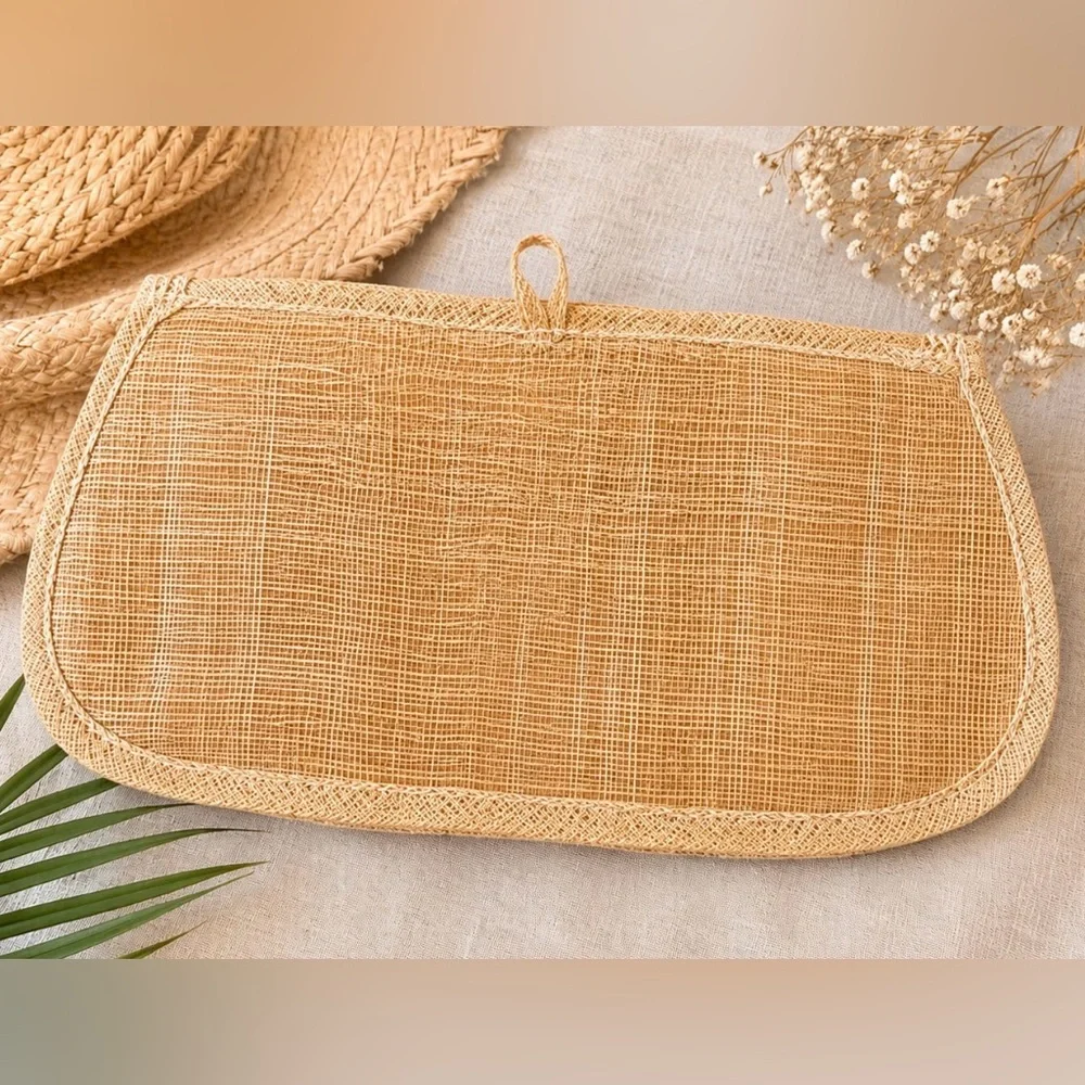 Vintage Handwoven Natural Fiber Clutch Floral Raffia Appliqué Envelope Purse